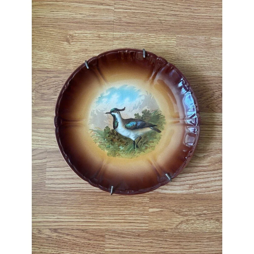 Antique Franz Anton Mehlem Bonn 10” Bird Wall Plate German Porcelain Lapwing